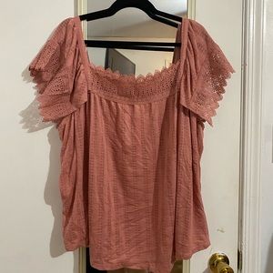 Pink Crochet Trim, Square Neck Top
